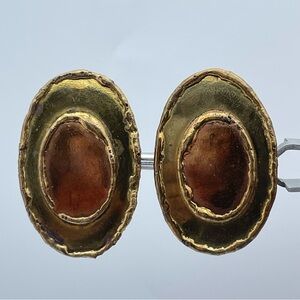 Unique Vintage Boho Brutalist Oval Statement Earrings Brass & Copper Tones